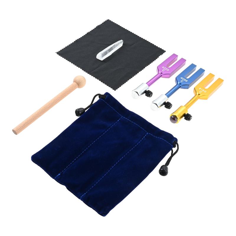 3-teiliges Stimmgabel-Set (4096 Hz, 4160 Hz, 4225 Hz) + Kristallstein + Hammer + Tasche – Engel-Stimmgabeln-Set für DNA-Heilung, Klangtherapie und Yoga (Entspannung)