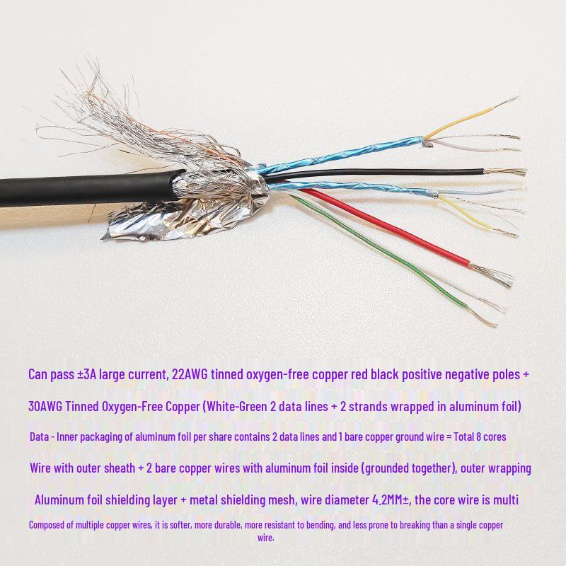 

Shielded Type-C USB 3.0 High-Speed Data Cable, 8/9-Core, Tinned Copper, DIY High Current Black 1m 3A±