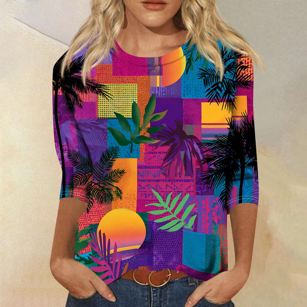 Women's Fashionable Casual Round Neck Three-quarter Sleeve Hawaiian Print T-shirt Top