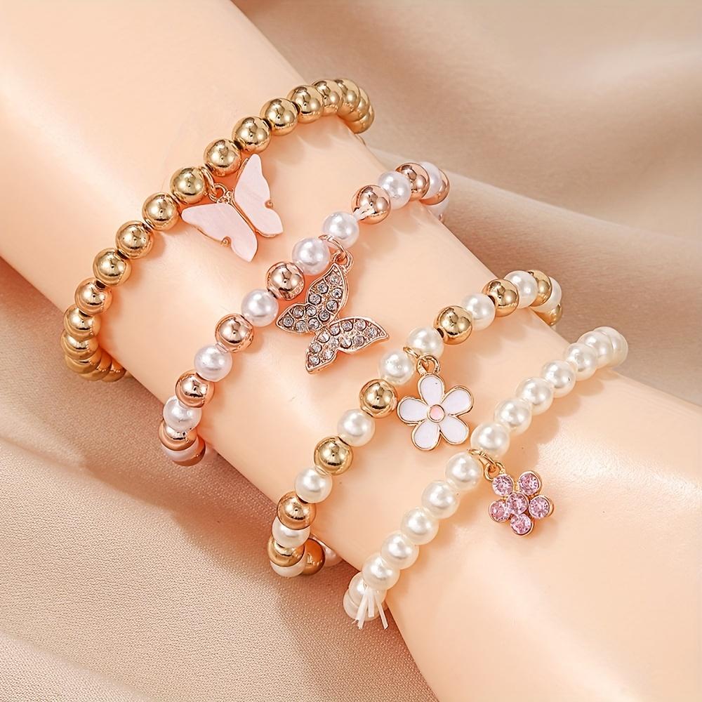 4PCS Women's Zircon Set Fashion and Leisure with Diamond Flower Butterfly Bracelet Set, Suitable for Daily Wear, Gift for Frien