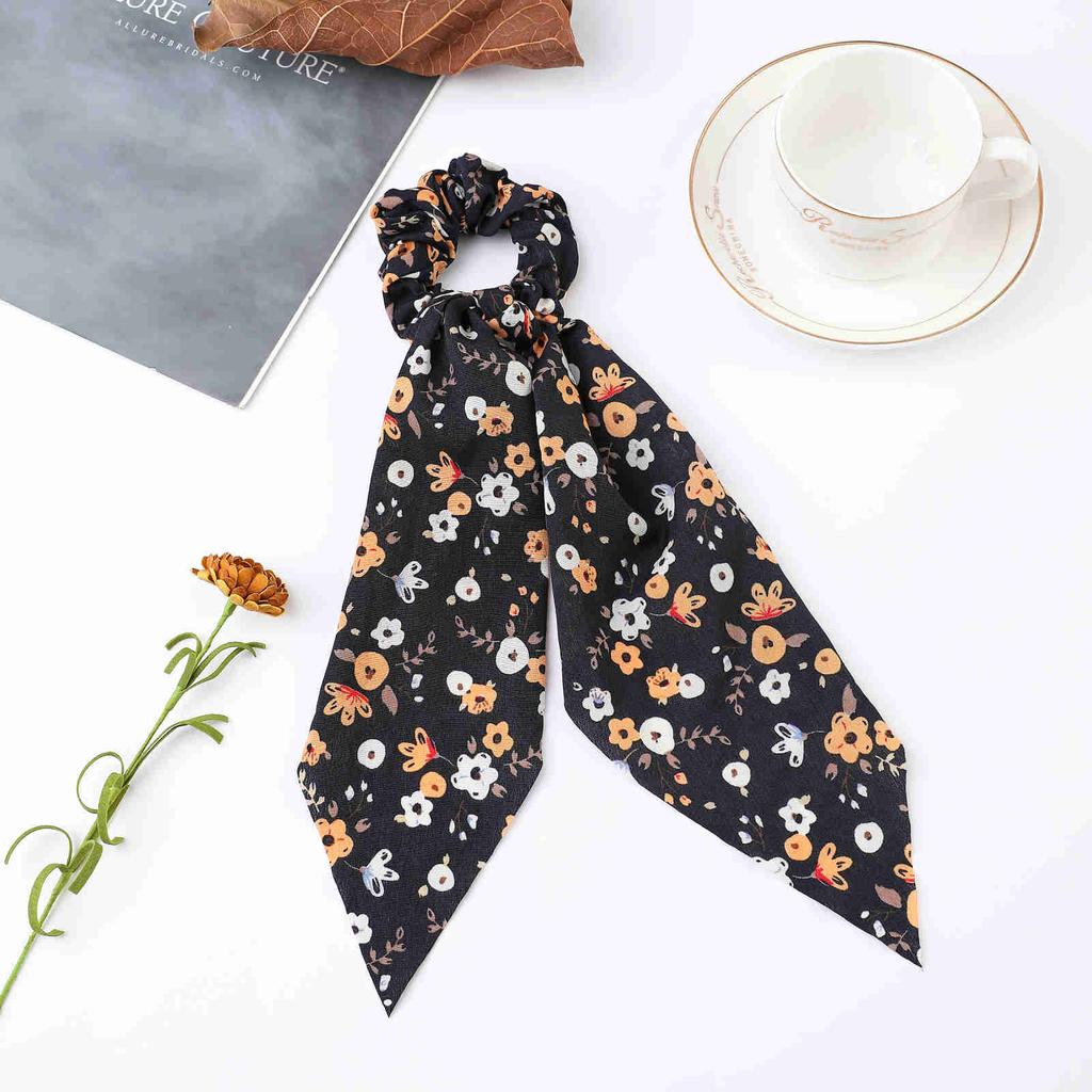 Fashion Print Chiffon Long Ribbon Scrunchies Women Girls Ponytail Scarf Elastic Hair Bands Ties Hair Accessories