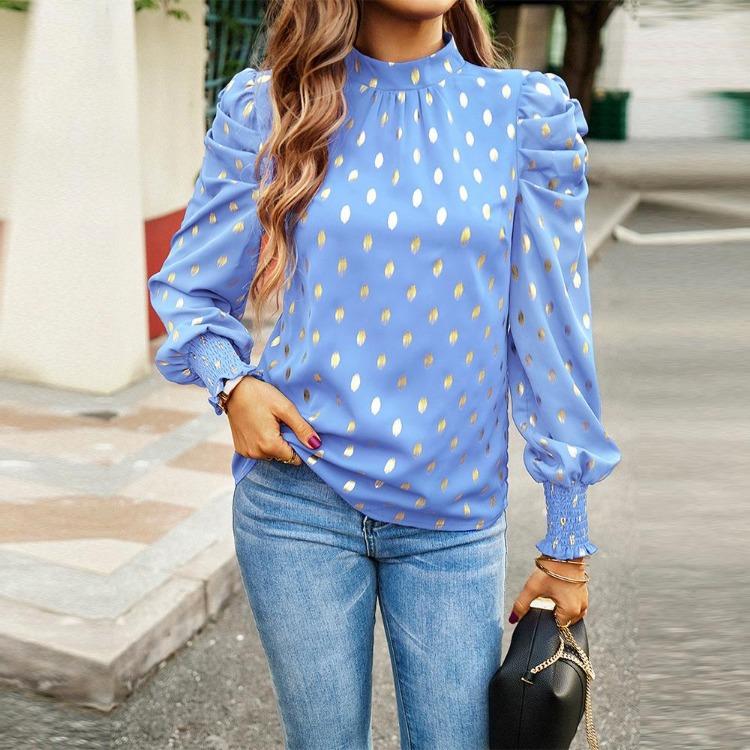 Women Loose Printed Blouses Long Sleeve Round Neck Commuting Autumn Winter