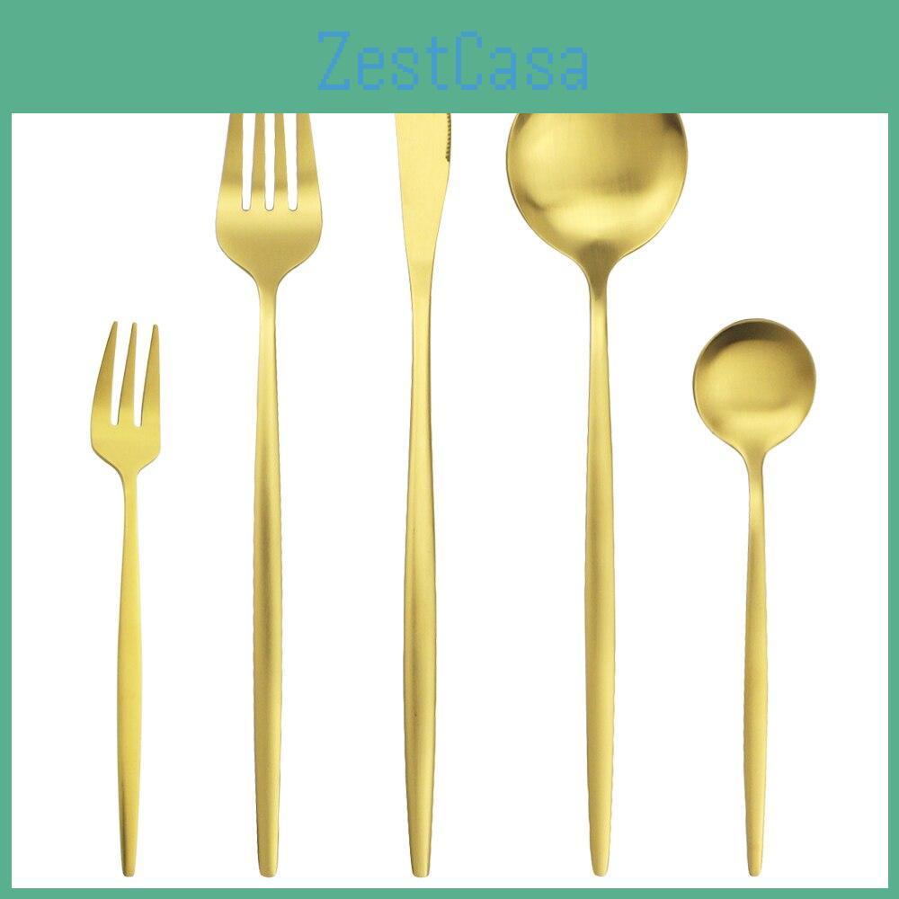 5pcs Gold Set Cutlery Dinnerware Knife Cake Fork Tea Spoon Dinner Tableware Stainless Steel Flatware Home Kitchen Silverware Set