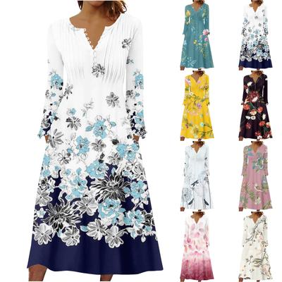 Fashion Women's Summer V-Neck Casual  Printed Pullover Long-Sleeve Dress