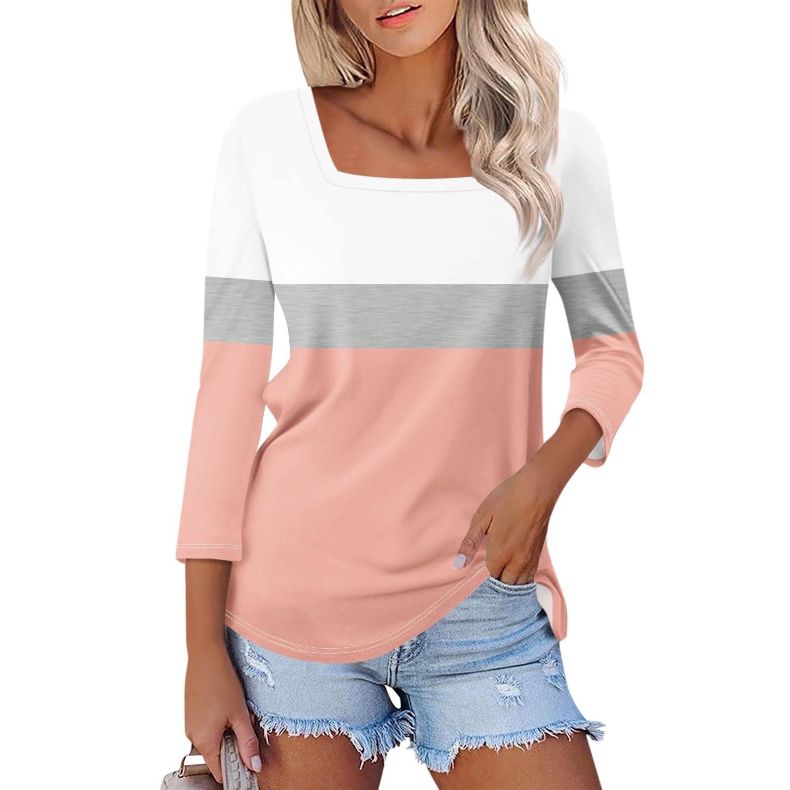 

Рубашка для женщин, модная повседневная свободная футболка с квадратным вырезом и рукавами 3/4, женский топ XL розовый