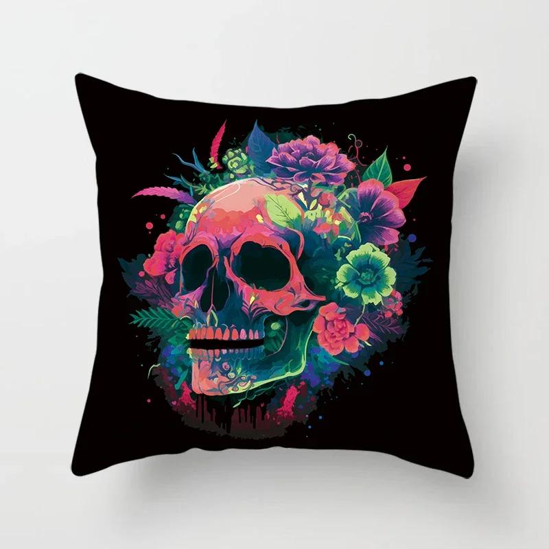Colorful Skull Flower Pillowcase Decorative Printing Square  Car Sofa Fashion Cushion Cover  Home Decoration
