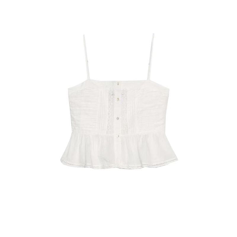 Summer New Product Women's Clothes American Sweet Single-Breasted Embroider Ruched Straight Collar Sling Tops 7521011
