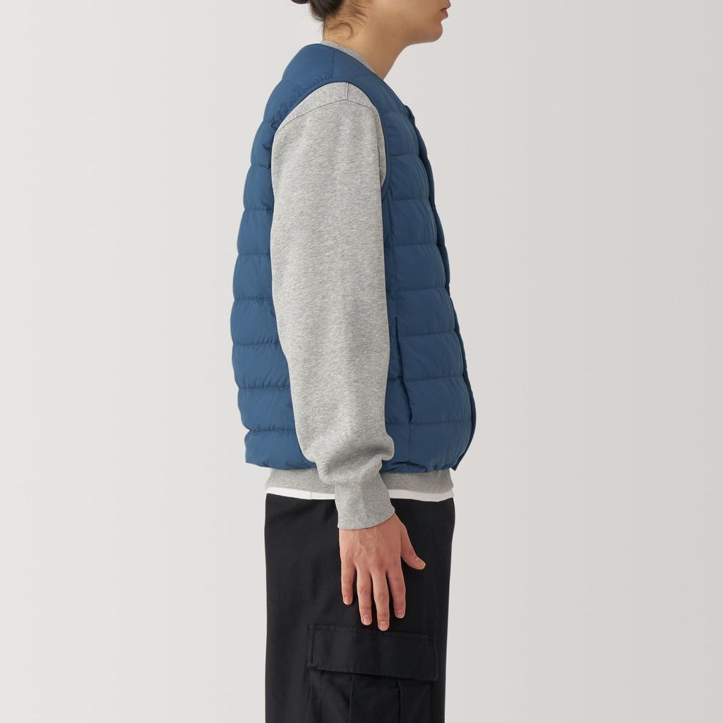 MUJI Lightweight Down Collarless Vest AD0U7A4A Smoky Size L Men's (Anti-Static Lining) Blue,