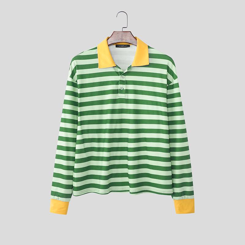 INCERUN Men Lapel Neck Long Sleeve Stitching Striped Casual Oversized T-shirts Tops