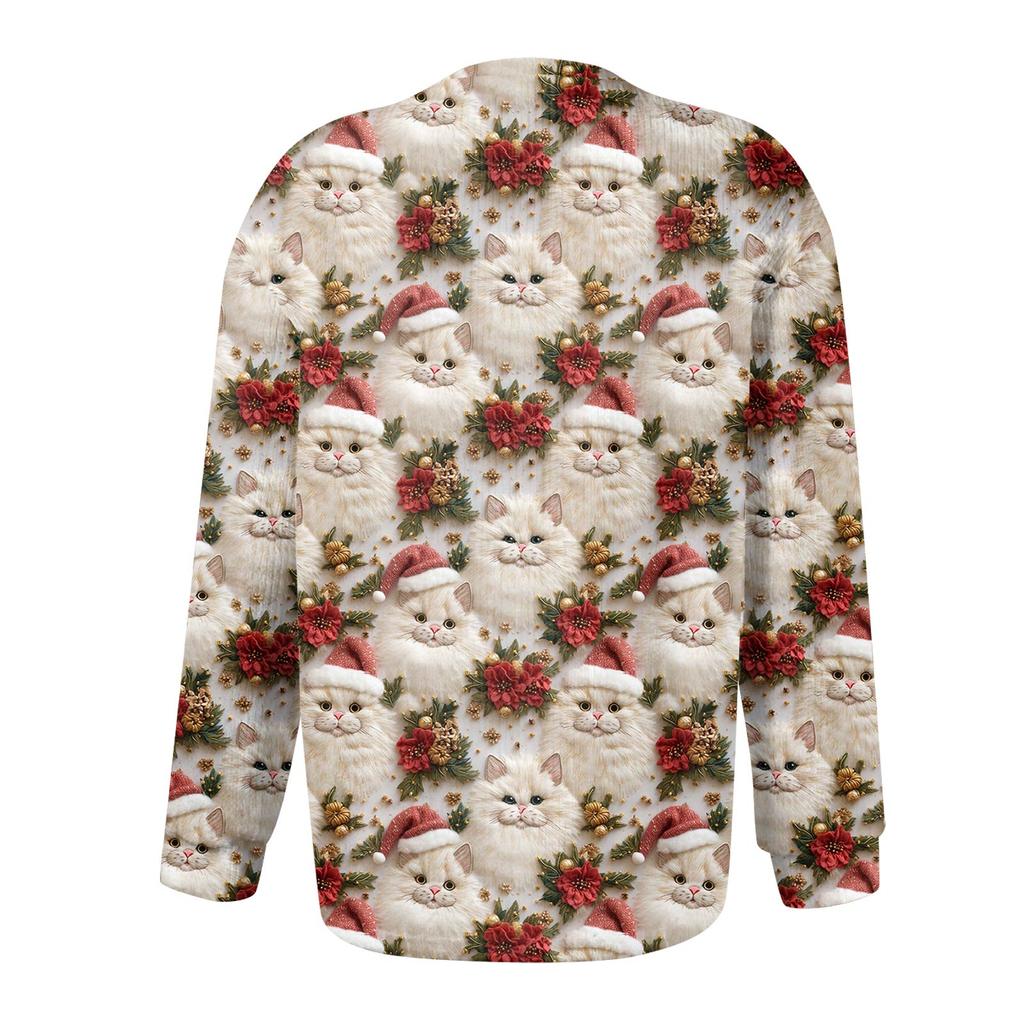 Women's Fashion Christmas Printed Long Sleeve Knitted Cardigan Button Down Jacket