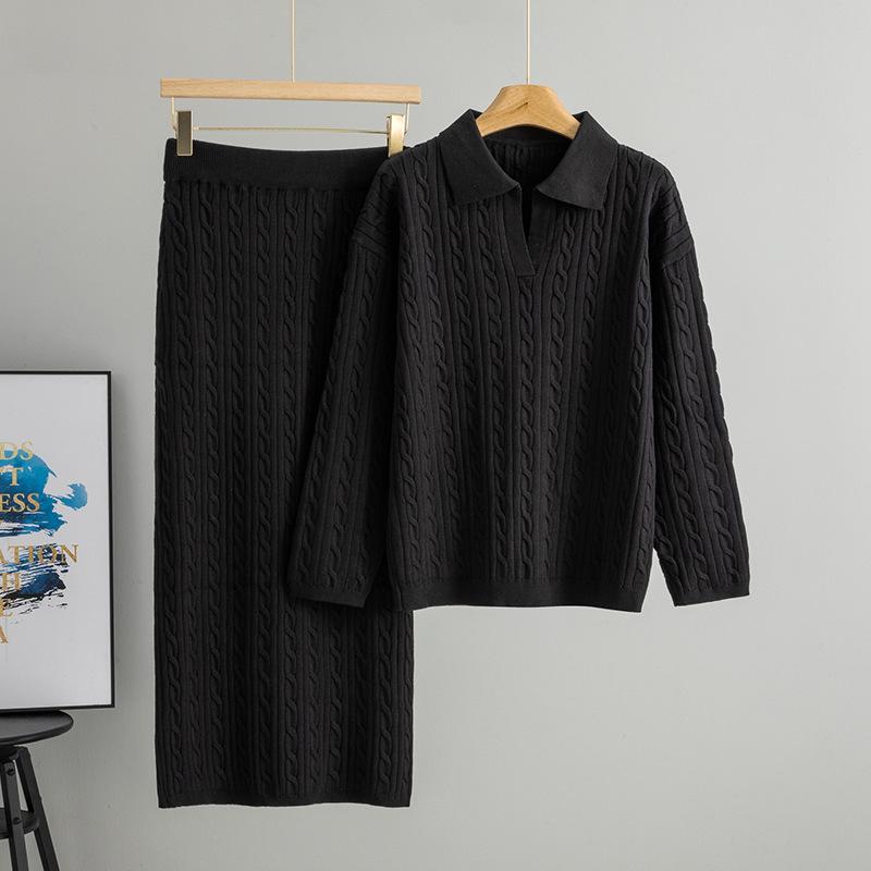

Women s Cable Knit POLO Collar Sweater & Skirt Set - Autumn/Winter 2025 Age-Reducing Style One Size чёрный