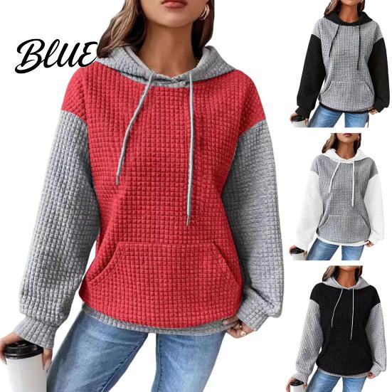 Drawstring Hooded Sweatshirt Fall Winter Women Hoodie Color Matching Waffle Texture Long Sport Top Sleeveless Big