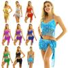 Women Shiny Sequins Tassels Carnival Rave Performance Belly Dance Costume Halter Bra Tops with Hip Scarf Wrap Skirt Set
