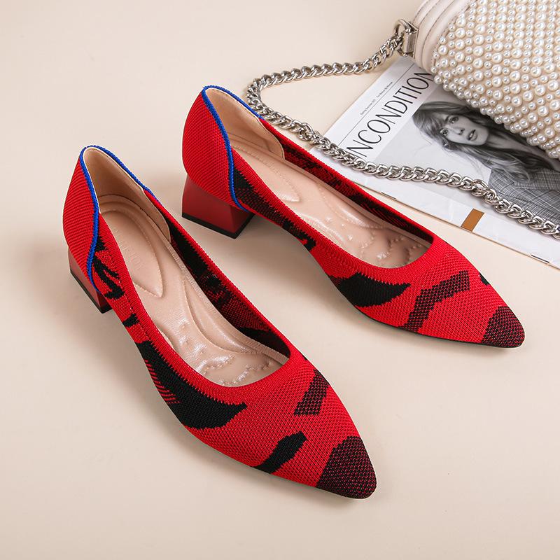 

Новые весенне-осенние туфли-лодочки из летучего трикотажа с острым носком, темпераментные, на толстом каблуке, с открытым вырезом, на среднем каблуке, плетеные туфли на высоком каблуке женские 40 красный