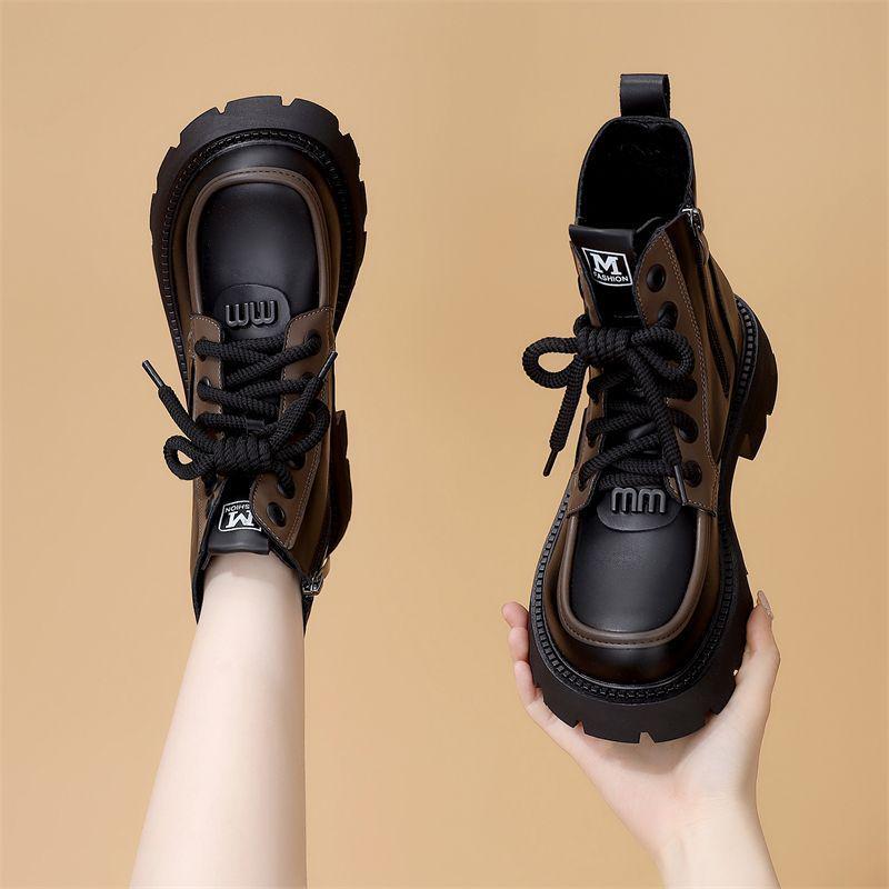 

Женские ботинки мартин на толстой подошве 2025: Ботильоны на мягкой подошве, увеличивающие рост, в британском стиле для осенней и весенней моды. 35