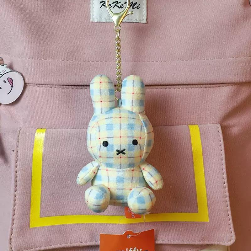 Vintage Plaid Miffy Bunny Plush Keychain Soft Fluffy Cartoon Rabbit Keyring Portable Nijntje Handbag Backpack Pendant Girly Gift