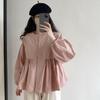 Shirts Women Loose Crop Solid Folds Puff Sleeve Schoolgirl Leisure Simple All-match Spring Top