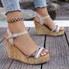 Sommer Damen Hohe Absätze Ausgeschnittene Strass-Sandalen Plateau Schnalle Keile Vorne Offene Zehen Damen Römisches Urlaubsstil Schuhe