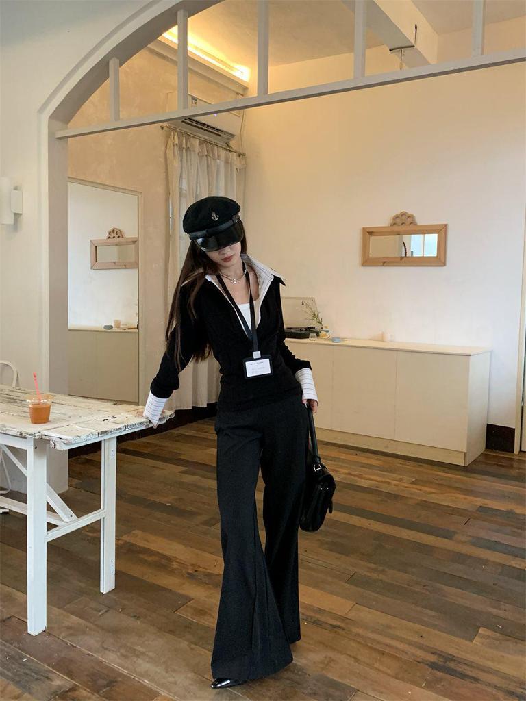 Damen Stricktop zur Taillenformung - Umlegekragen, Langarm, Fake-Zweiteiler-Design