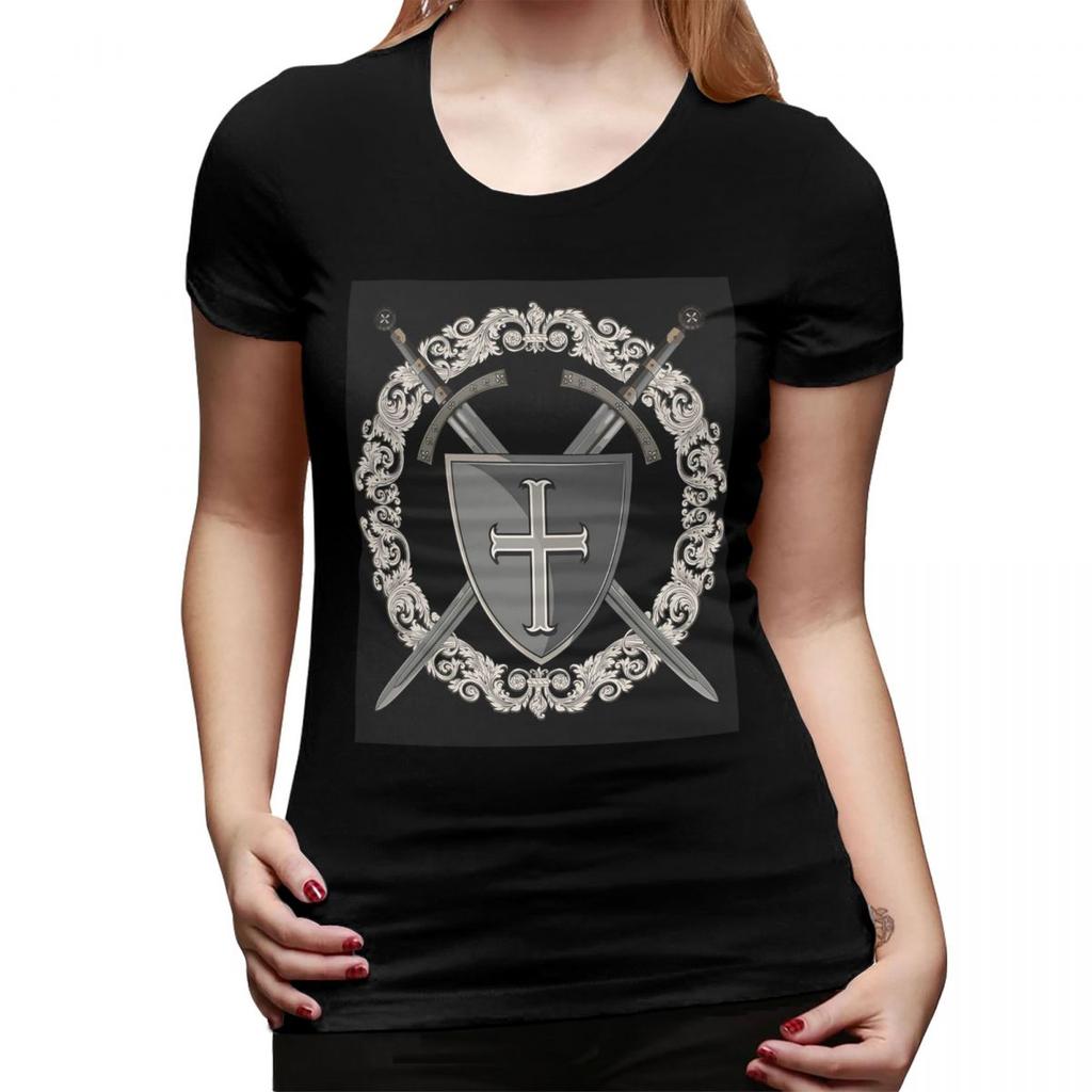 Croce dei Templari Scudo Simbolo Spada Medievale Emblema Ordine Segreto Maglietta per Donna Girocollo Magliette Donna Corte