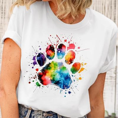 Colorful Cartoon Dog Paw Print T-shirt Round Neck Cotton T-shirt Summer Spring Casual Cartoon Pattern Short-sleeved Women's Tops
