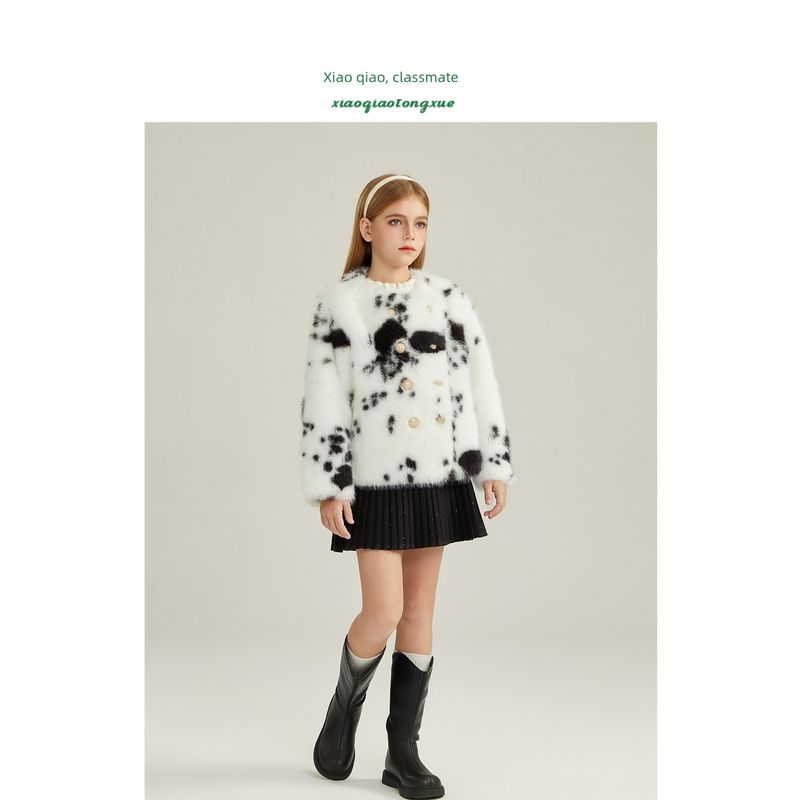 Children's Faux Fur Coat Winter New Style Girls' Faux Fox Fur Cardigan for Older Kids Cow Print Korean Style Faux Mink Fur Top