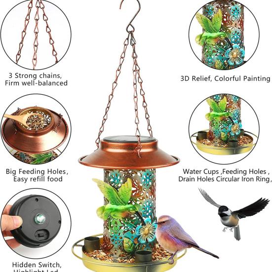 Bird Feeder with Light Hollow Pattern Design Solar Powered Hummingbird Food Holder Lantern Light Garden Decoration