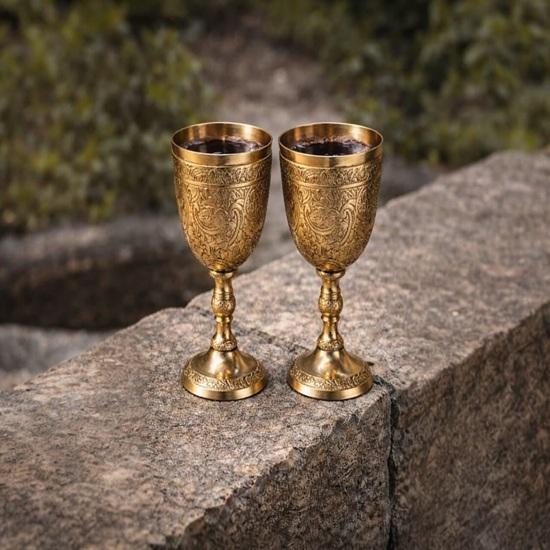 Set of 2 Brass Wine Goblets Medieval Chalice Cups Handmade Decor Gift Renaissance Drinkware
