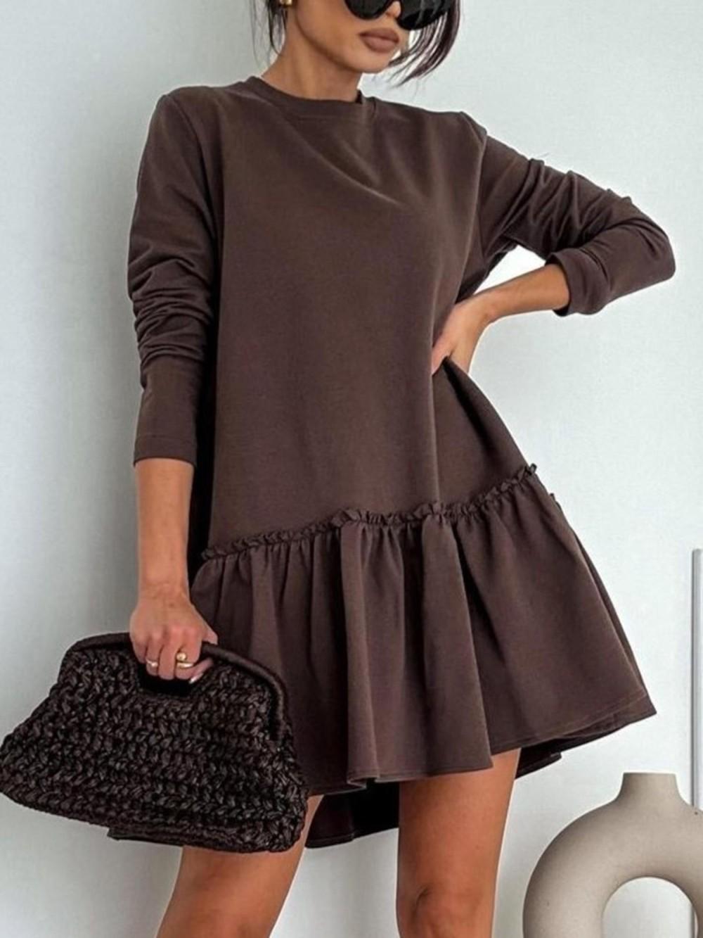 

European & American Fashion Solid Color Pleated Ruffle Dress - Women s Round Neck, Long Sleeve 2XL кавовий