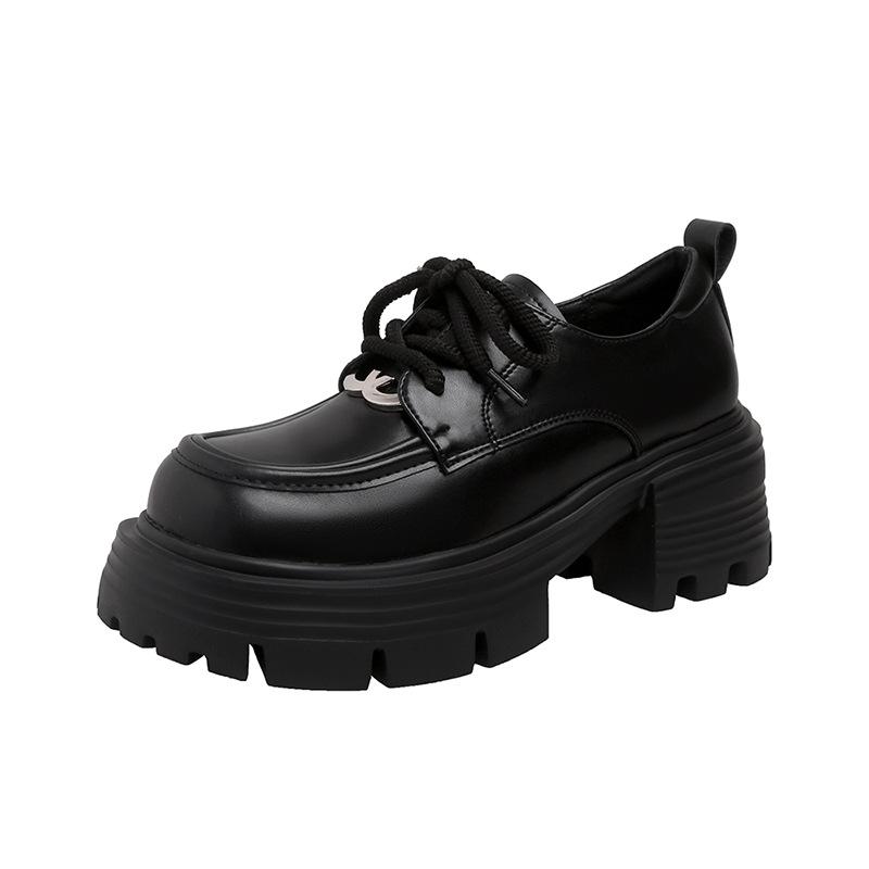 

Кожаные лоферы на платформе, осенние новинки, увеличивающие рост, универсальные, модные, с круглым носком, на шнуровке, маленькие кожаные туфли 33 чёрный