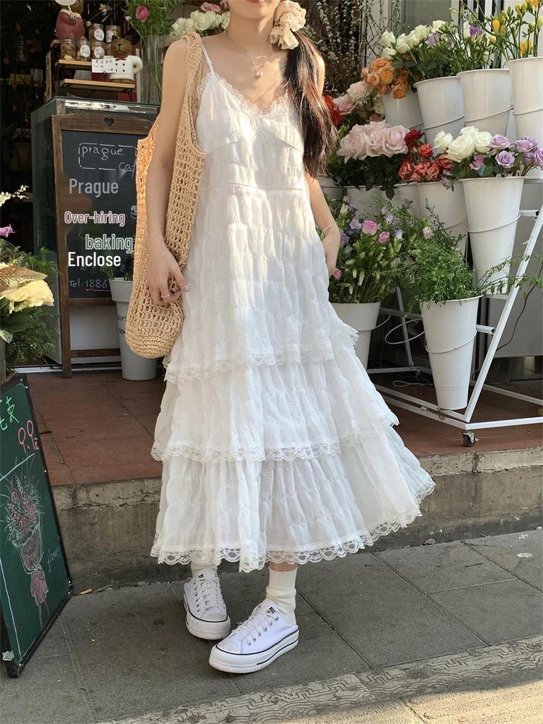 High-End French White Spaghetti Strap Dress - Summer 2026 Beach Vacation Style for Girls & Women