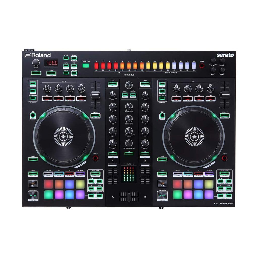 Roland DJ Serato DJ features microphone DJ DJ-505 Controller 2-channel/4-deck, compatible, TR-909/TR-808/TR-707/TR-606 sounds, input, mixer.
