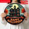 2D Flat Aluminum Decorative Plaques and Ornaments Sign, Halloween Hanging Ornament with Vintage Haunted Castle Landscape, Pumpkin Patch, Bats and