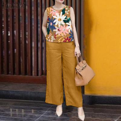 Womens Sleeveless Print Vest and Pants Summer Two Piece Suit Sets