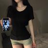 Fashion V-neck Front Shoulder T-shirt Short-sleeved Women's Slim and Thin Summer Sexy Waist Pinching Machine, Waist and Thin Tops Are Trendy