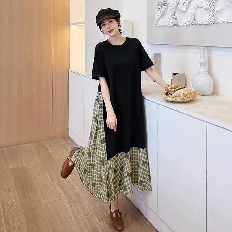 DIMANAF 2025 Femei Rochie Lungă Basic Vintage Vară Mânecă Scurtă Rochie Cămașă Carouri Cusută Casual Larg Mărimi Mari