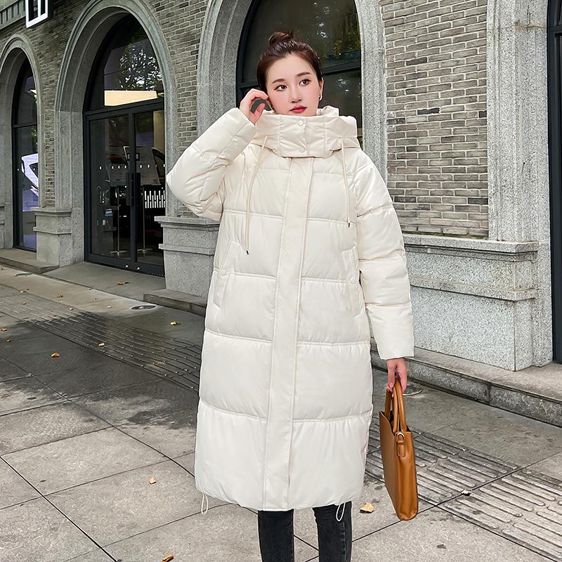 

Европейская зимняя длинная хлопковая одежда ниже колена женская утолщенная простая куртка с капюшоном M белый