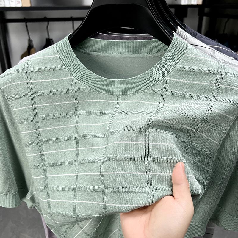 Men's Striped Round Neck Tencel Cotton Silk Short Sleeve T-shirt