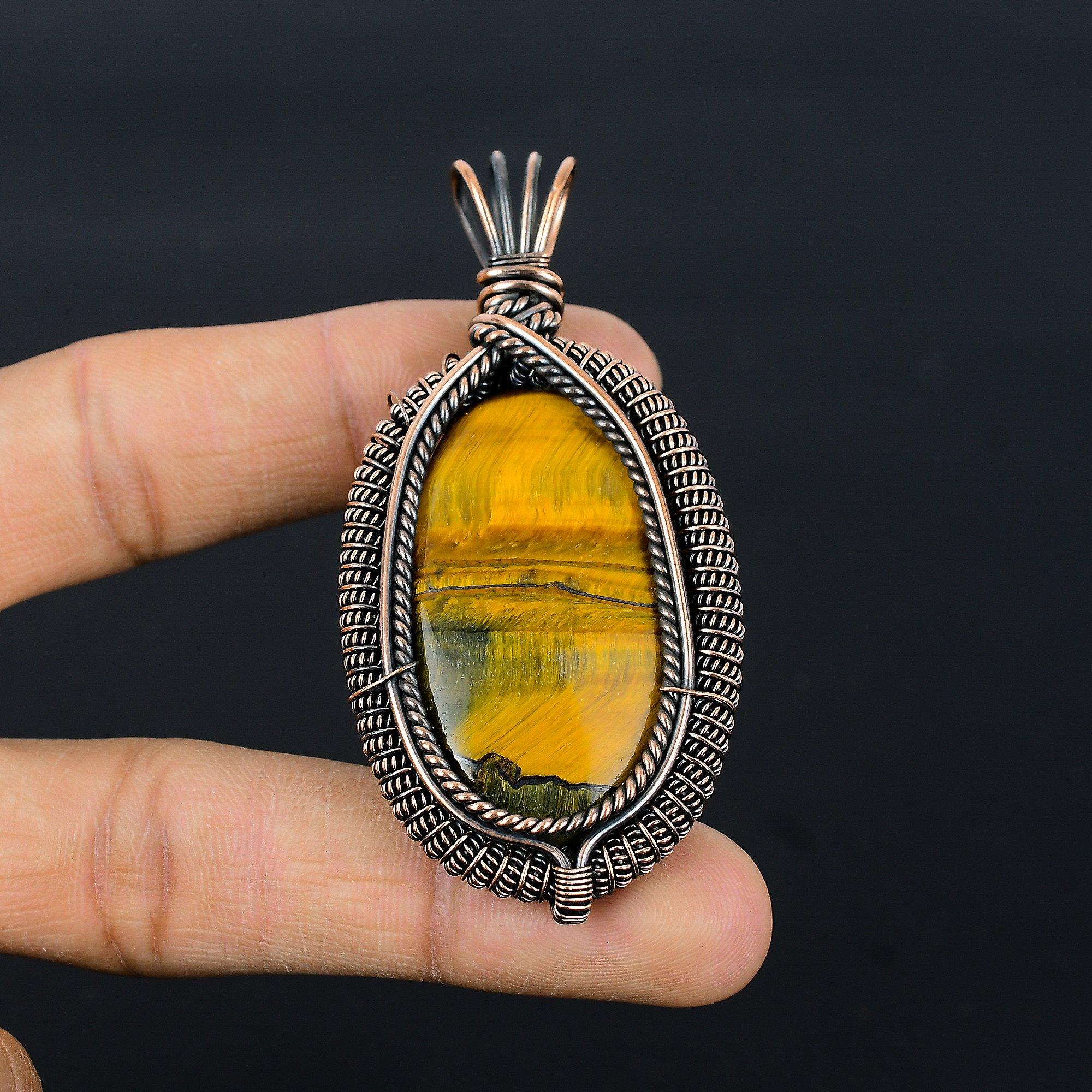 

Подвеска Тигровый глаз, Подвеска из драгоценного камня ручной работы, обернутая медной проволокой 999 пробы, Антикварное украшение, Для подарка, Серебряное украшение 2.55 Inches