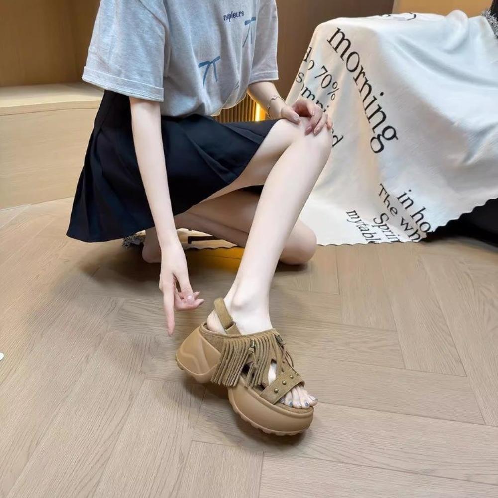 Fashion Bohemia Metal Rivet Decoration Fringe Suede Sandals Women 2025 Summer Chunky Platform Wedge Heel Sandals Casual Back Strap Shoes