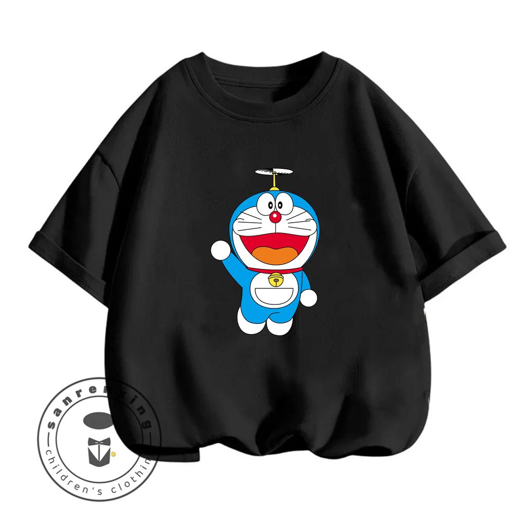 Summer Crew Neck T-shirt for Casual Everyday Wear, Doraemon Cute Cartoon Fashion Street Style