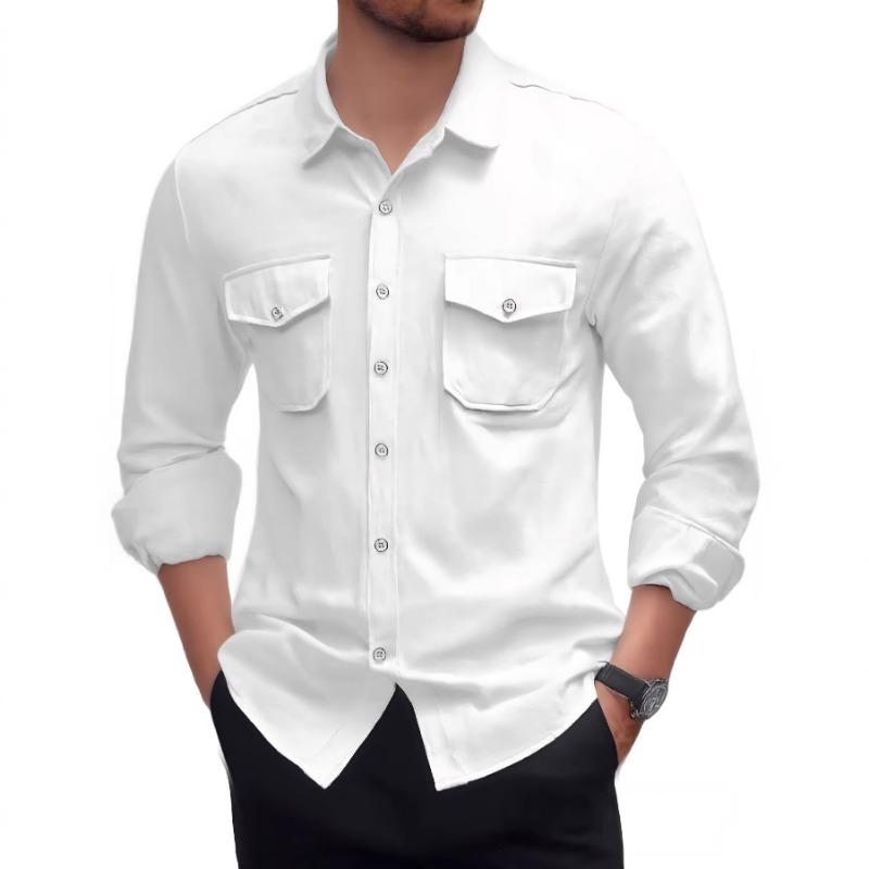 Spring and Autumn New Men s Shirt Double Pocket Cotton and Linen Casual Vacation Long Sleeve Top S белый