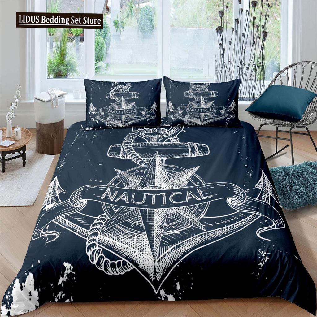 Nautical Duvet Cover Set Boat Pirate Bedding Set King Size Retro Sailboat Brown Comforter Cover Anchor Compass Vintage Quilt Set