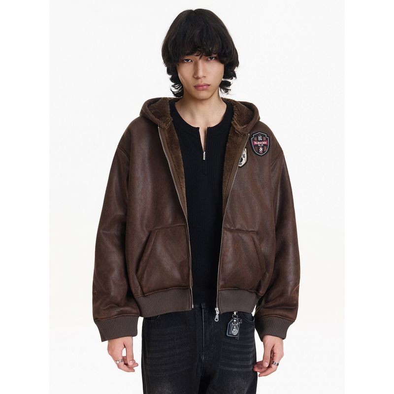 Blaexit Winter Retro Embroidered Badge Cotton Lamb Wool Padded Leather Jacket Men's Thickened Hooded Cotton Coat