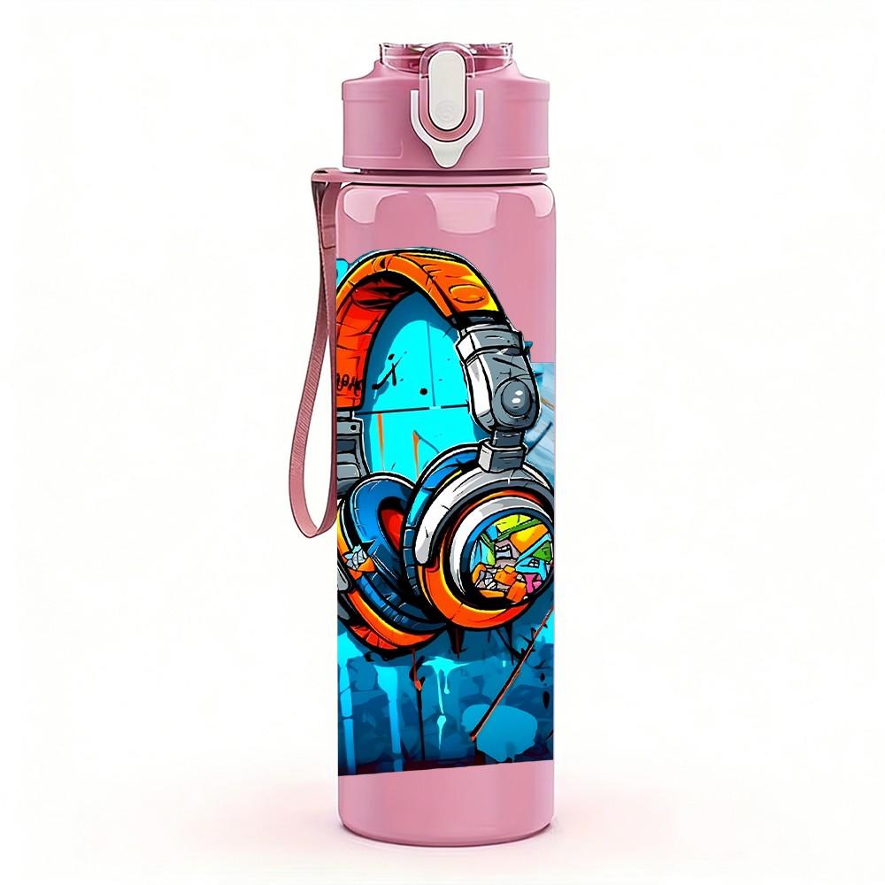1PC Headphone Blue Tech Graffiti Style Art 750ml Color Plastic Sports Water Bottle Leakproof Flip Straw Lid Suitable for Sports Office Home Use