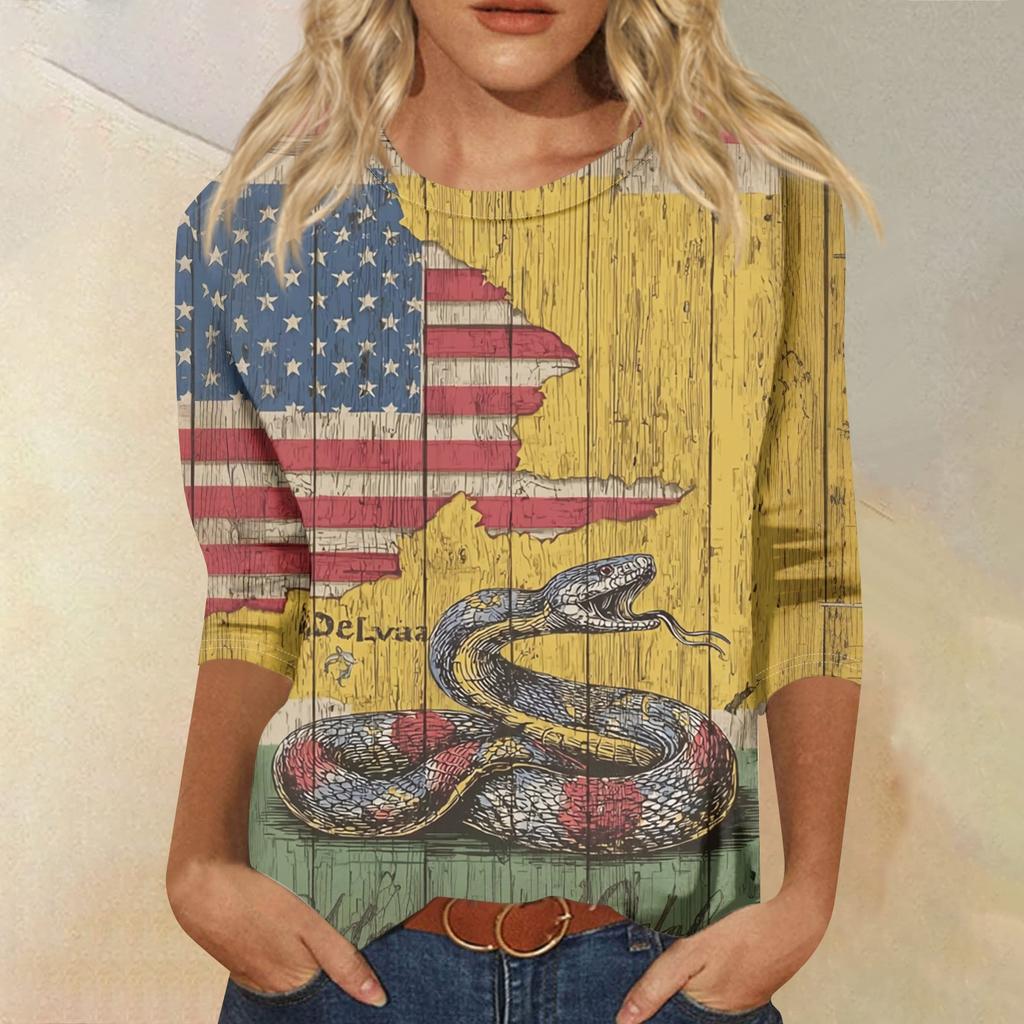 Women's Fashion Casual Seven-Sleeve Independence Day Print Round Neck Top