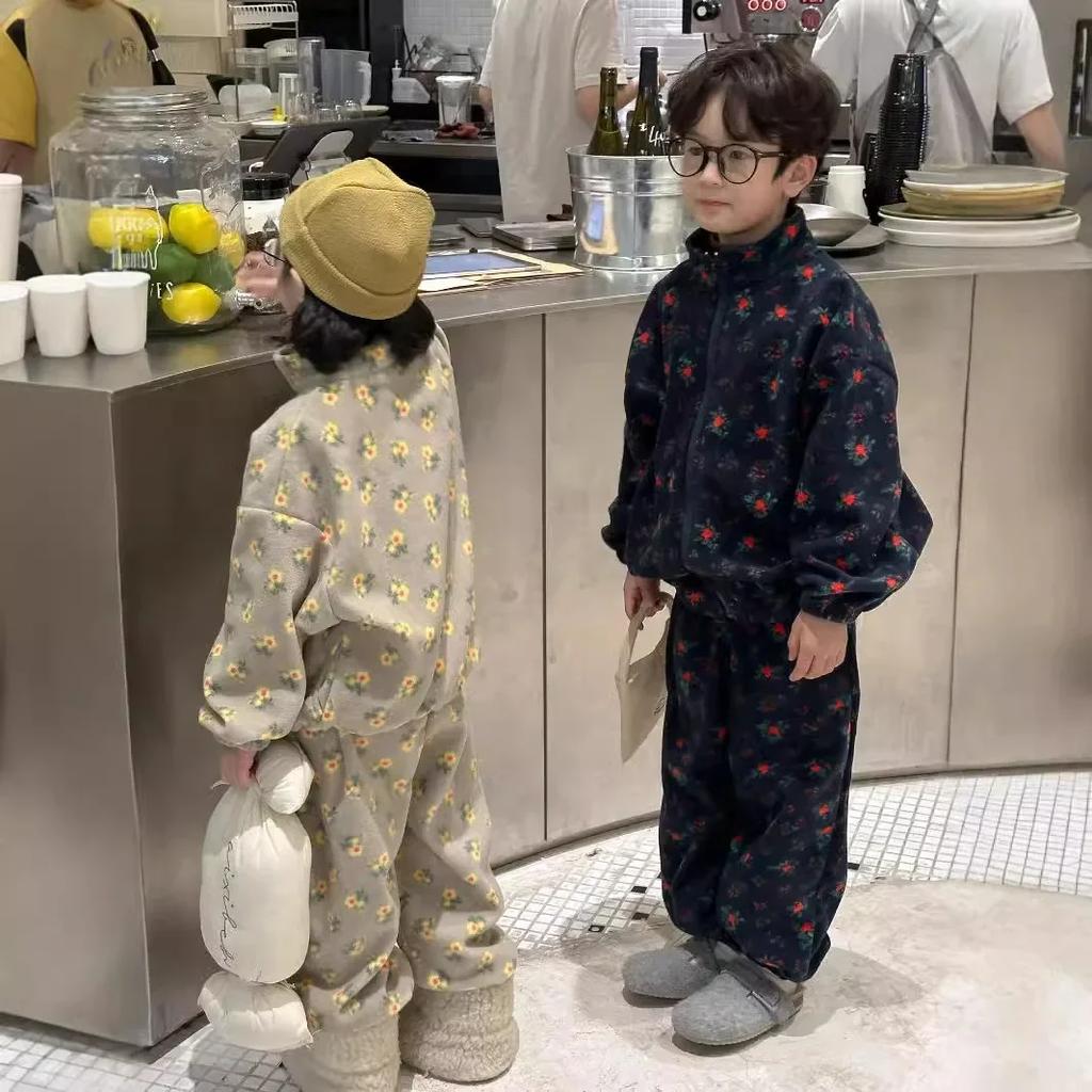 Winter Children's Korean Edition Full Print Zipper Thickened Warmth Set
