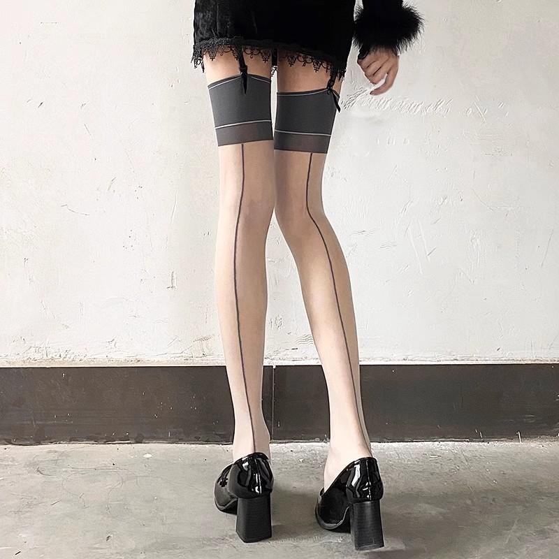 Contrast Color Thigh High Stockings Retro Back Seam Cuban Heel Foot Shaped Long Socks Women Sexy Transparent Lingerie