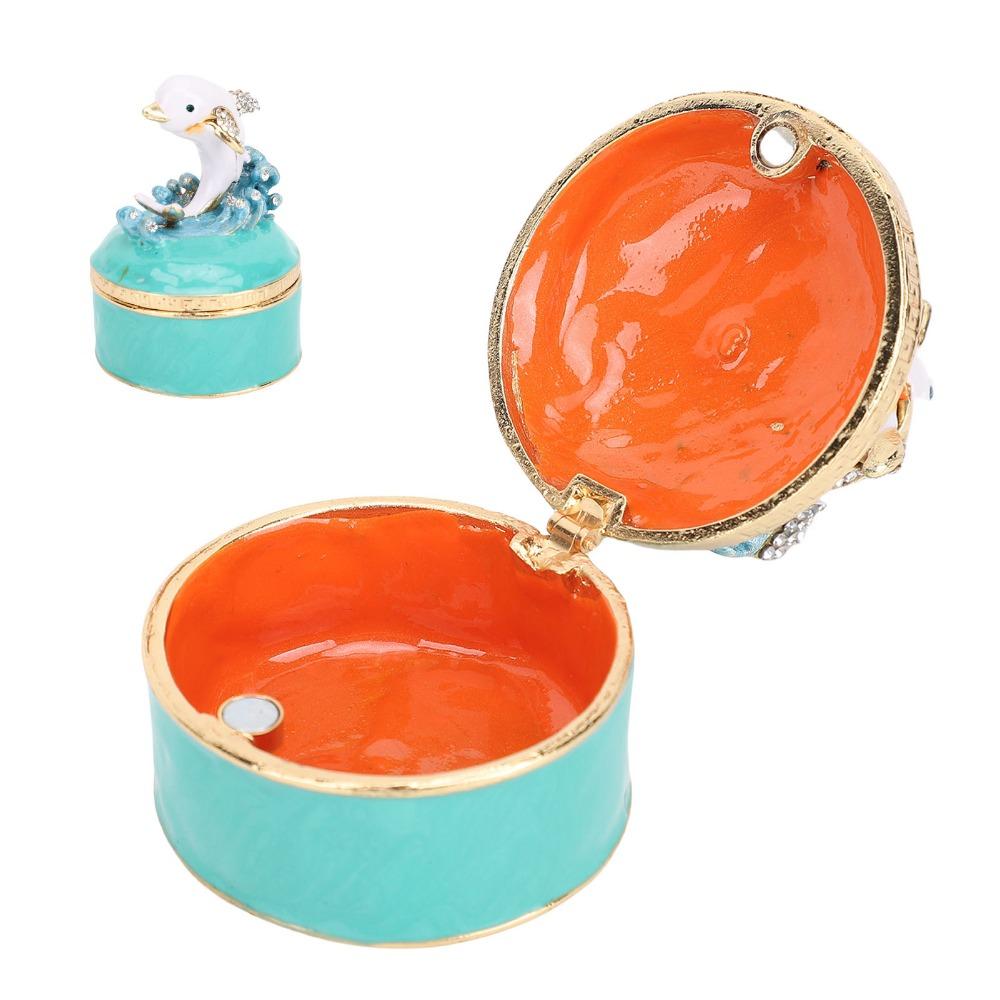 Rhinestone Decor Enamel Trinket Box Hinged Lid Hand Painted Jewelry Box Home Decor