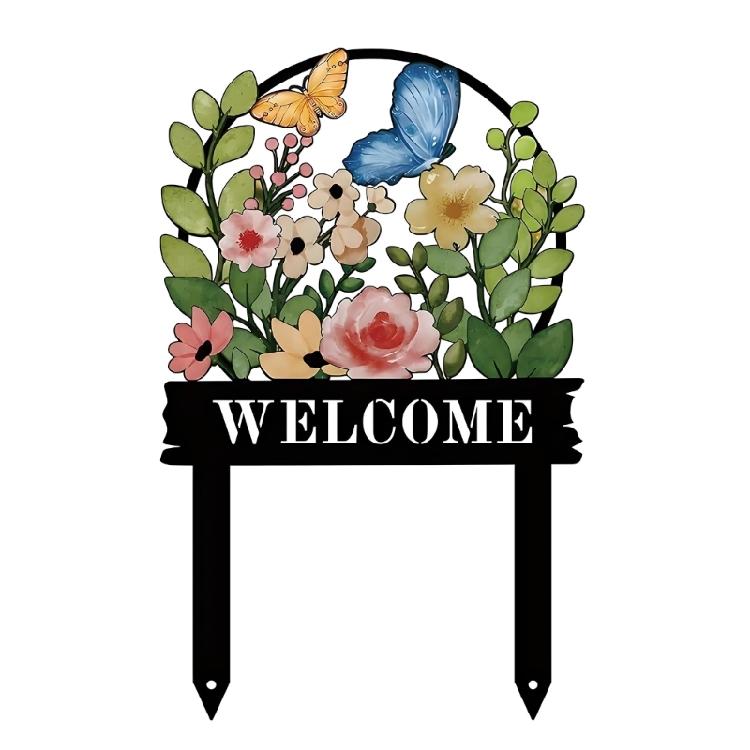 Iron Welcome Sign Stake for Garden Display, Twin-Pointed Soil Insert for Yard, Lawn and Flower Bed Outdoor Placement Use for Home Garden